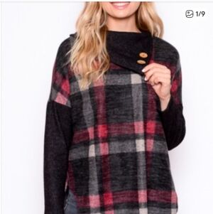Chris & Carol Women's Cowl Neck Plaid Sweater - Red and Gray